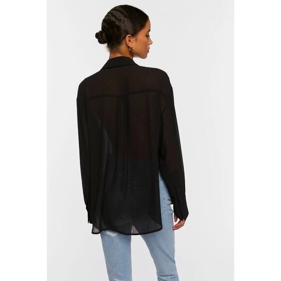 NWT Forever 21 Semi-Sheer V-Neck Shirt Size S Color‎ Black - Picture 3 of 8